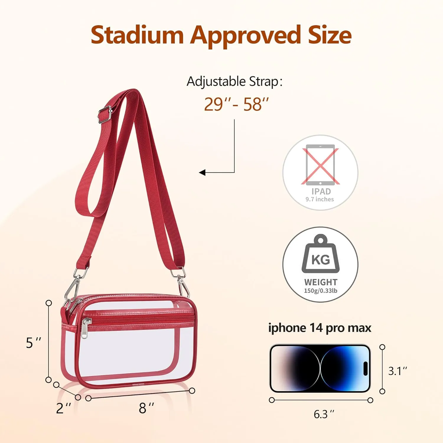 Bagenius Clear Bag for Stadium Events Clear Purse with Removable Strap Transparent Bag for Concert and Sport Events