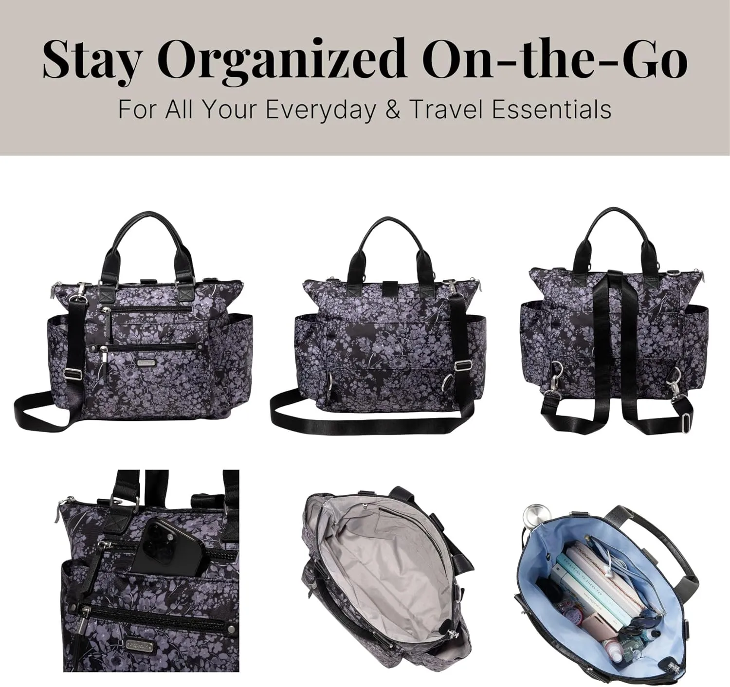 Baggallini 3-in-1 Convertible Backpack Handbag 15x12 Lightweight Travel Bag Crossbody Zippered Tote W/RFID Phone Wristlet