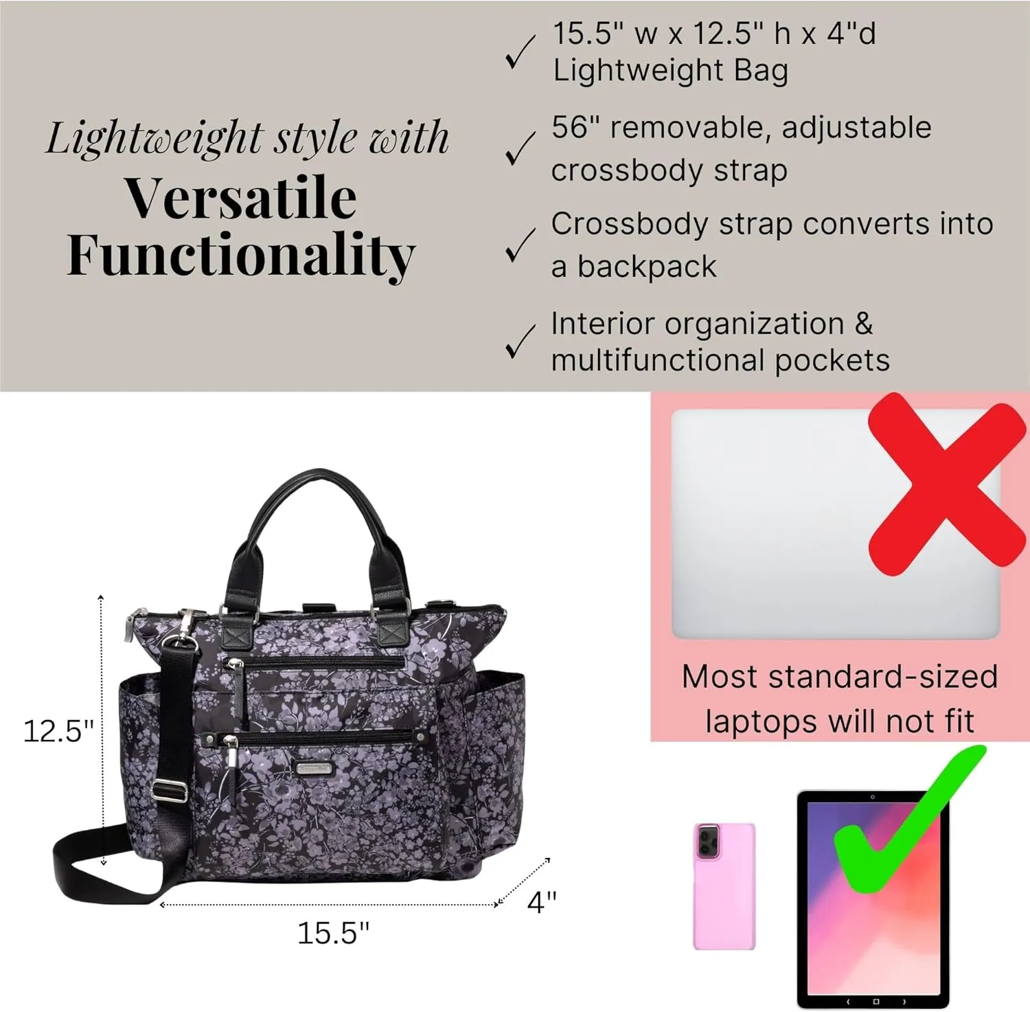 Baggallini 3-in-1 Convertible Backpack Handbag 15x12 Lightweight Travel Bag Crossbody Zippered Tote W/RFID Phone Wristlet