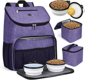BAGLHER丨Dog Travel Bag, Airline Approved Pet Supplies Backpack, Dog Travel Backpack Accessories Set with 2 Silicone Collapsible Bowls and 2 Food Baskets. Purple