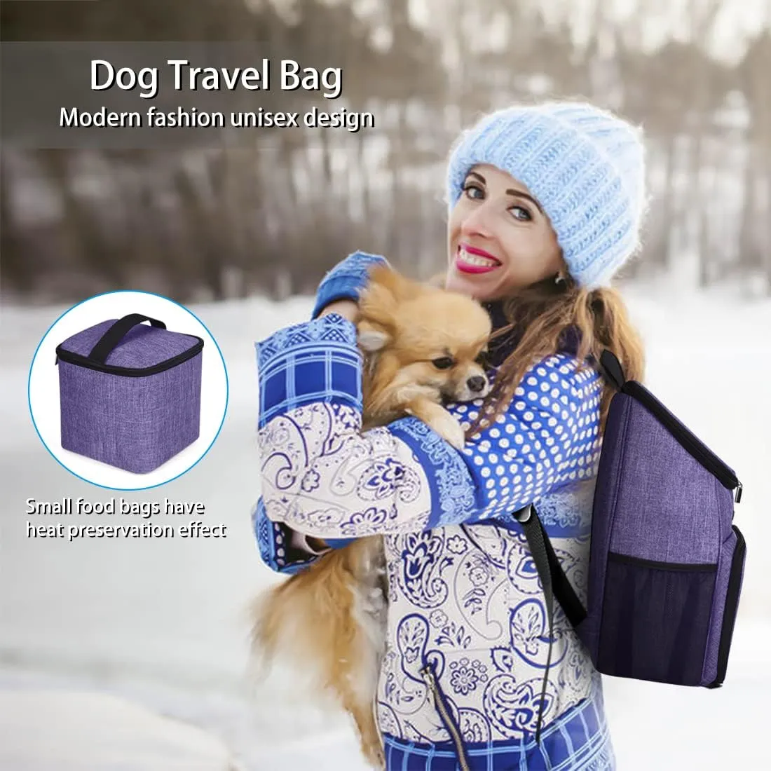 BAGLHER丨Dog Travel Bag, Airline Approved Pet Supplies Backpack, Dog Travel Backpack Accessories Set with 2 Silicone Collapsible Bowls and 2 Food Baskets. Purple