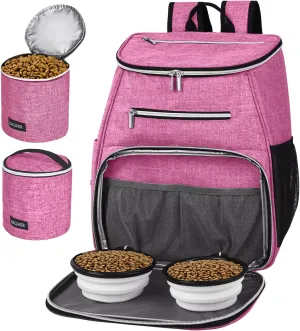 BAGLHER丨Dog Travel Bag Backpack, Airline Approved Pet Supplies Backpack, Dog Travel Backpack with 2 Silicone Collapsible Bowls and 2 Food Baskets Pink