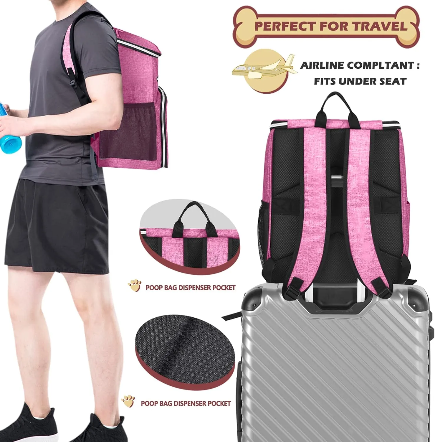 BAGLHER丨Dog Travel Bag Backpack, Airline Approved Pet Supplies Backpack, Dog Travel Backpack with 2 Silicone Collapsible Bowls and 2 Food Baskets Pink