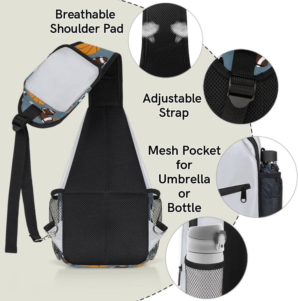 Basketball Baseball Rugby Sling Bag for Women Men Crossbody Sling Backpack Shoulder Bag Chest Bag Daypack for Travel Hiking Outdoor