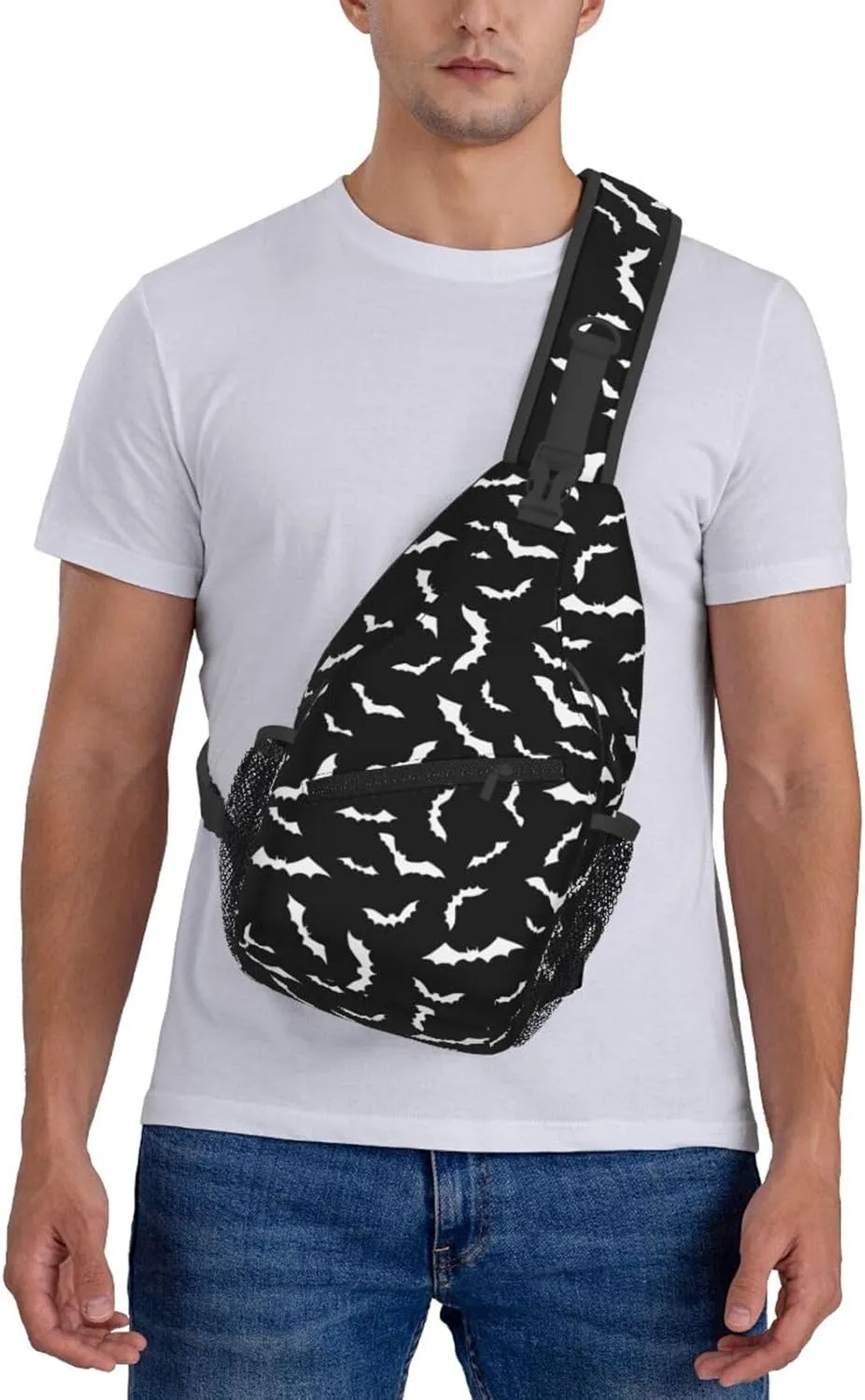 Bat Sling Bag for Women Crossbody Bag Swarm of White Flying Bats Silhouettes on Black Background Sling Backpack for Men Cool Animal Print Shoulder Bag Gym Sports Travel Hiking Daypack