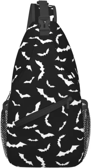 Bat Sling Bag for Women Crossbody Bag Swarm of White Flying Bats Silhouettes on Black Background Sling Backpack for Men Cool Animal Print Shoulder Bag Gym Sports Travel Hiking Daypack