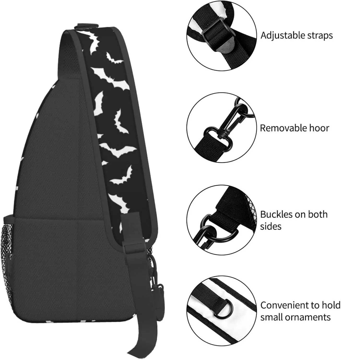 Bat Sling Bag for Women Crossbody Bag Swarm of White Flying Bats Silhouettes on Black Background Sling Backpack for Men Cool Animal Print Shoulder Bag Gym Sports Travel Hiking Daypack