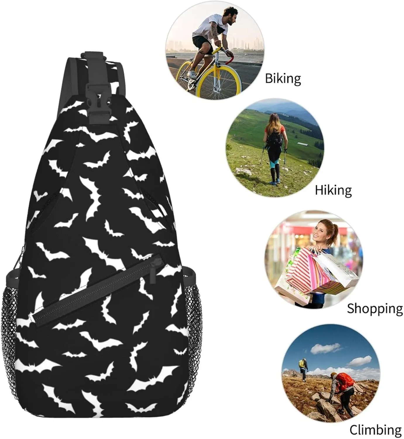 Bat Sling Bag for Women Crossbody Bag Swarm of White Flying Bats Silhouettes on Black Background Sling Backpack for Men Cool Animal Print Shoulder Bag Gym Sports Travel Hiking Daypack