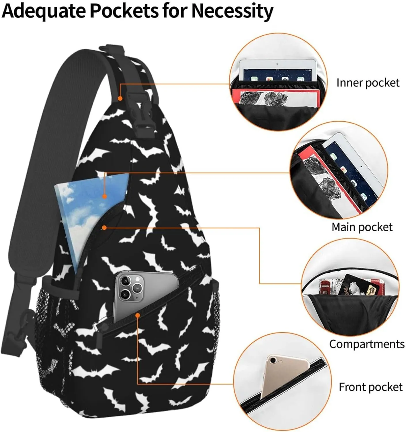 Bat Sling Bag for Women Crossbody Bag Swarm of White Flying Bats Silhouettes on Black Background Sling Backpack for Men Cool Animal Print Shoulder Bag Gym Sports Travel Hiking Daypack