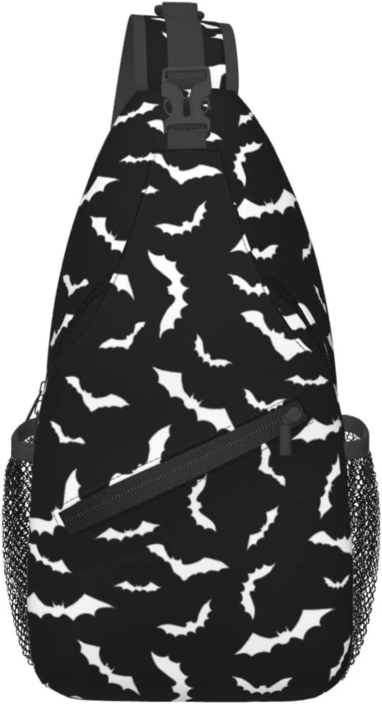 Bat Sling Bag for Women Crossbody Bag Swarm of White Flying Bats Silhouettes on Black Background Sling Backpack for Men Cool Animal Print Shoulder Bag Gym Sports Travel Hiking Daypack