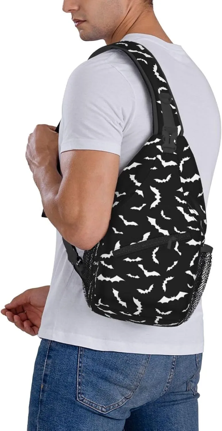 Bat Sling Bag for Women Crossbody Bag Swarm of White Flying Bats Silhouettes on Black Background Sling Backpack for Men Cool Animal Print Shoulder Bag Gym Sports Travel Hiking Daypack