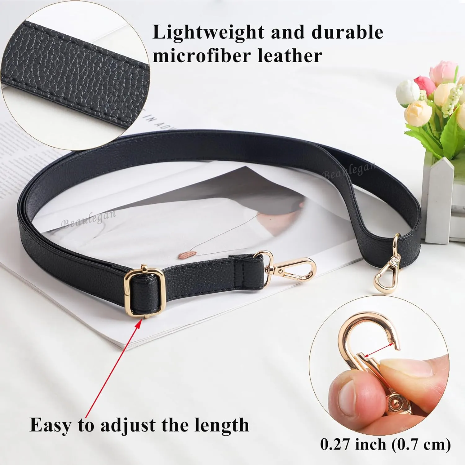 BEAULEGAN Purse Strap Replacement - Full Grain Microfiber Leather - 59 Inch Long Adjustable for Crossbody Shoulder Bag - 0.7 Inch Wide, Black/Silver