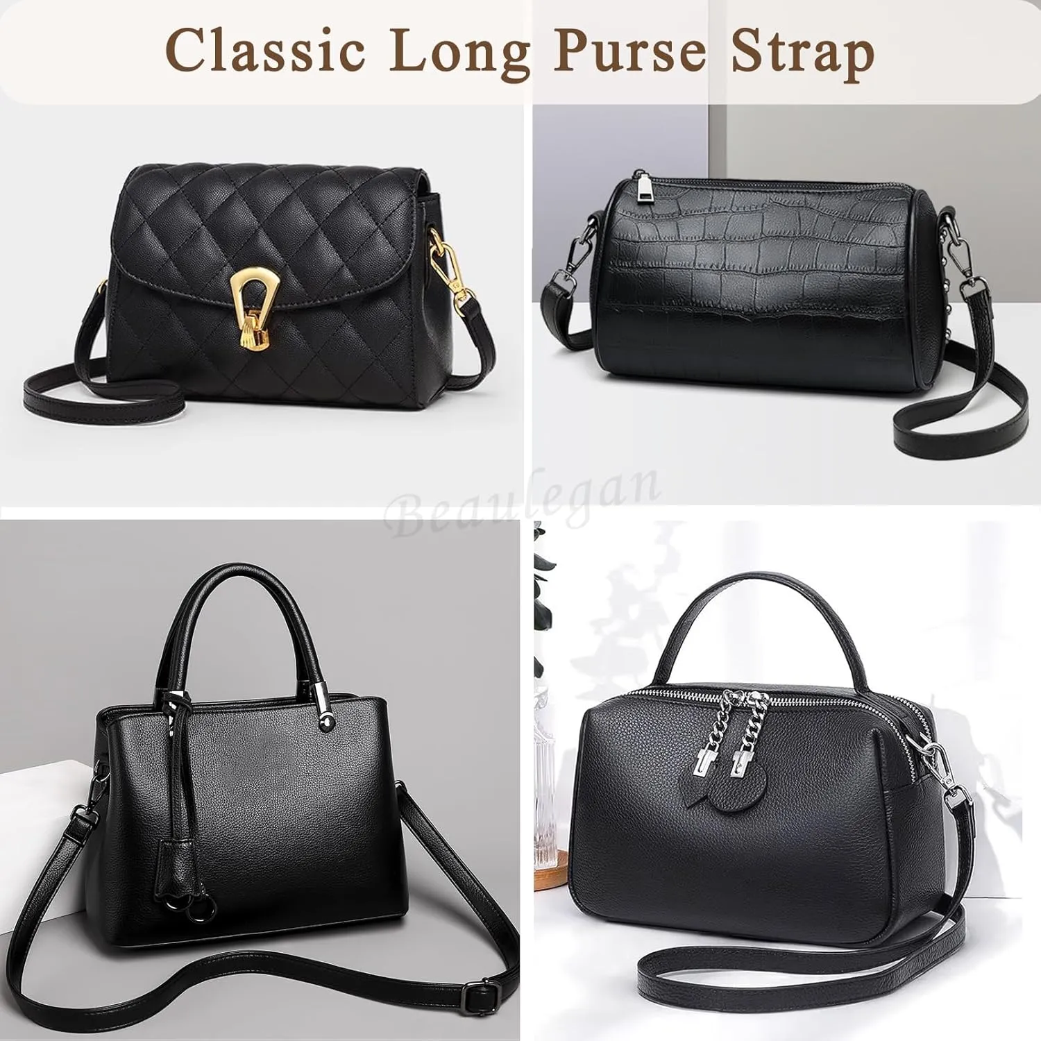 BEAULEGAN Purse Strap Replacement - Full Grain Microfiber Leather - 59 Inch Long Adjustable for Crossbody Shoulder Bag - 0.7 Inch Wide, Black/Silver