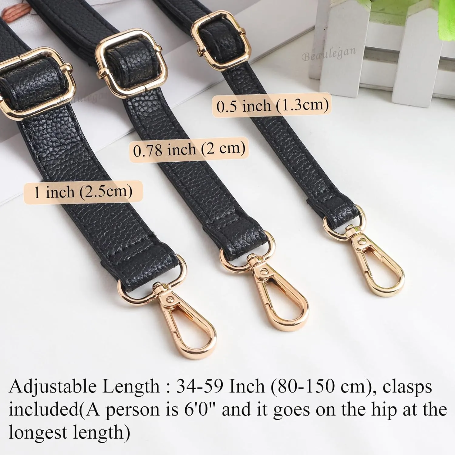BEAULEGAN Purse Strap Replacement - Full Grain Microfiber Leather - 59 Inch Long Adjustable for Crossbody Shoulder Bag - 0.7 Inch Wide, Black/Silver