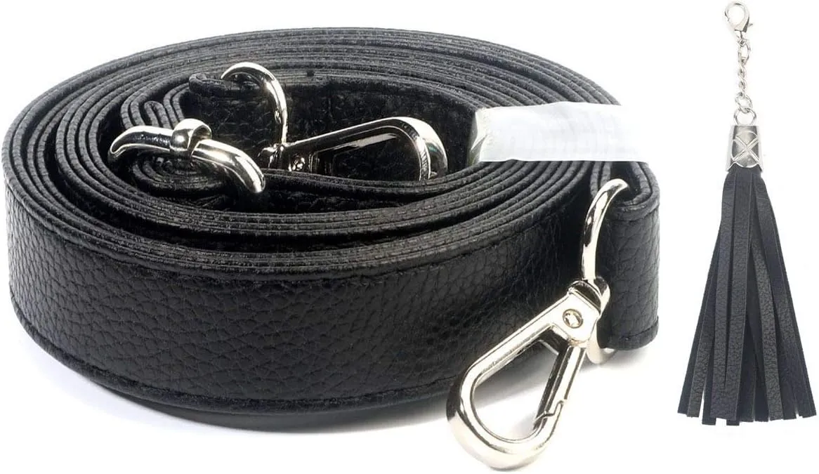 BEAULEGAN Purse Strap Replacement - Full Grain Microfiber Leather - 59 Inch Long Adjustable for Crossbody Shoulder Bag - 0.7 Inch Wide, Black/Silver