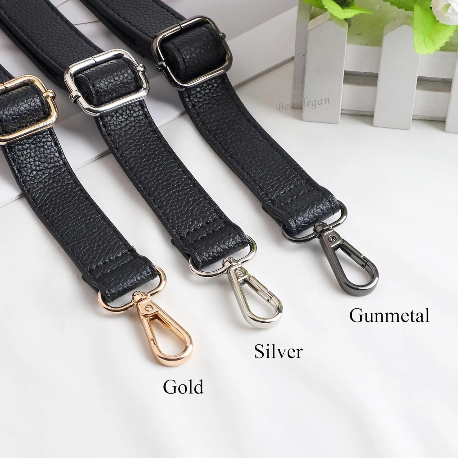 BEAULEGAN Purse Strap Replacement - Full Grain Microfiber Leather - 59 Inch Long Adjustable for Crossbody Shoulder Bag - 0.7 Inch Wide, Black/Silver