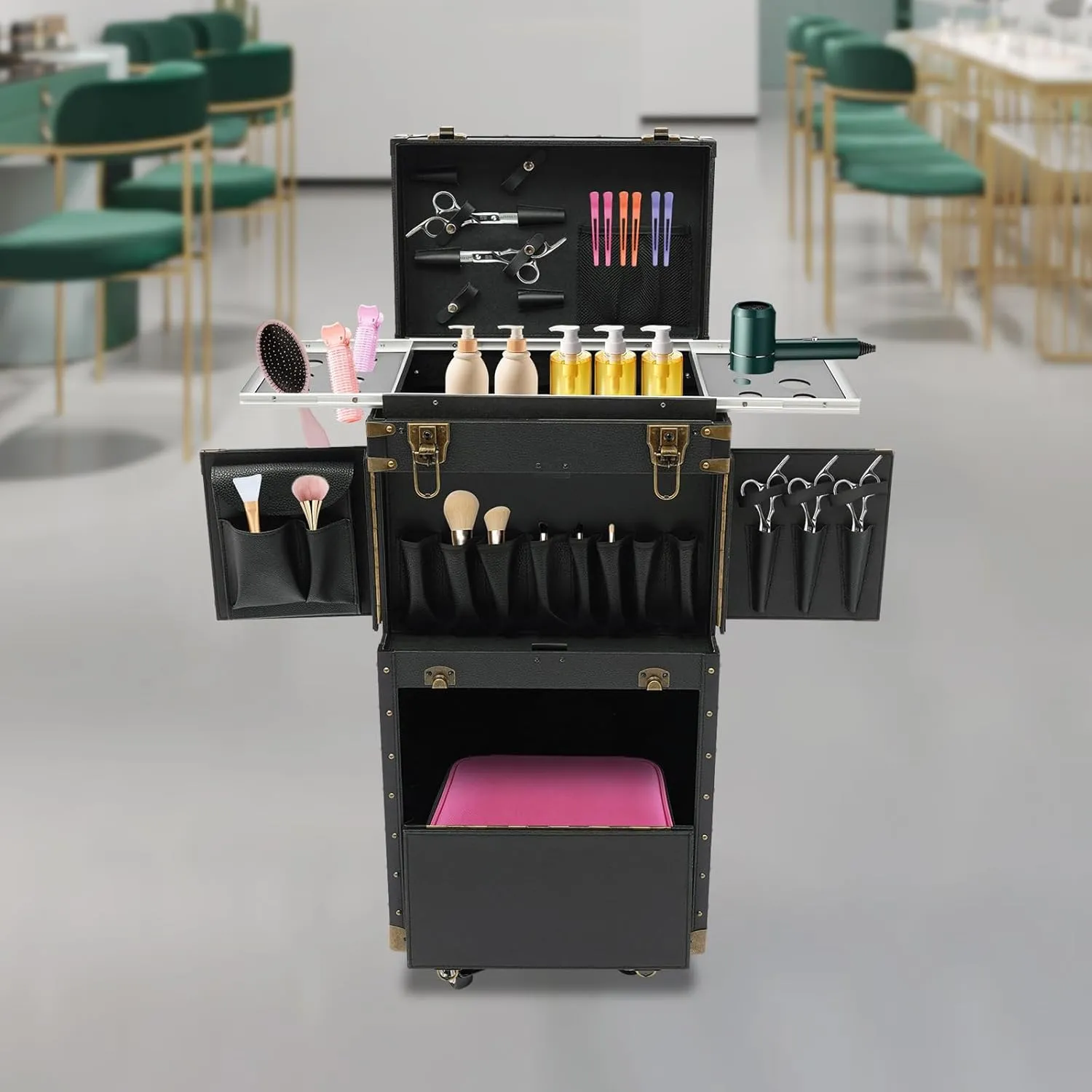 Beauty Salon Luggage, Makeup Organizer Rolling Makeup Hairdressing Train Case Cosmetic Travel Organizer Tool Box, Portable Lockable Salon Cart Travel Cosmetology Case on Wheels (Gold)