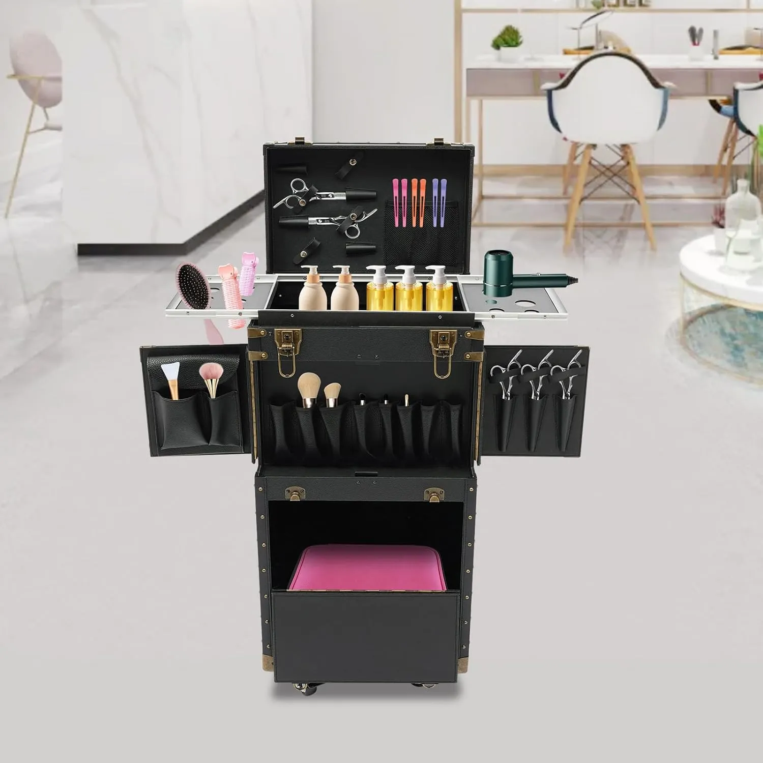 Beauty Salon Luggage, Makeup Organizer Rolling Makeup Hairdressing Train Case Cosmetic Travel Organizer Tool Box, Portable Lockable Salon Cart Travel Cosmetology Case on Wheels (Gold)
