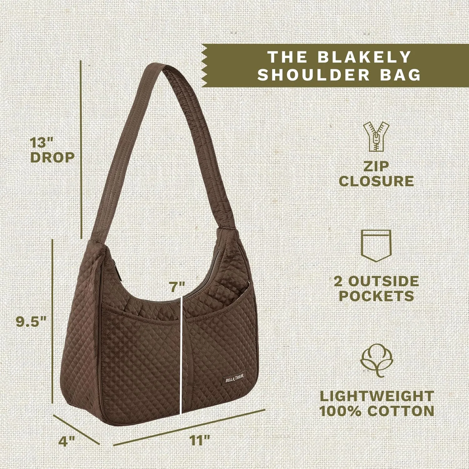 Bella Taylor Blakely - Hobo Shoulder Bag for Women - Lightweight Quilted Fabric Purse with Pockets
