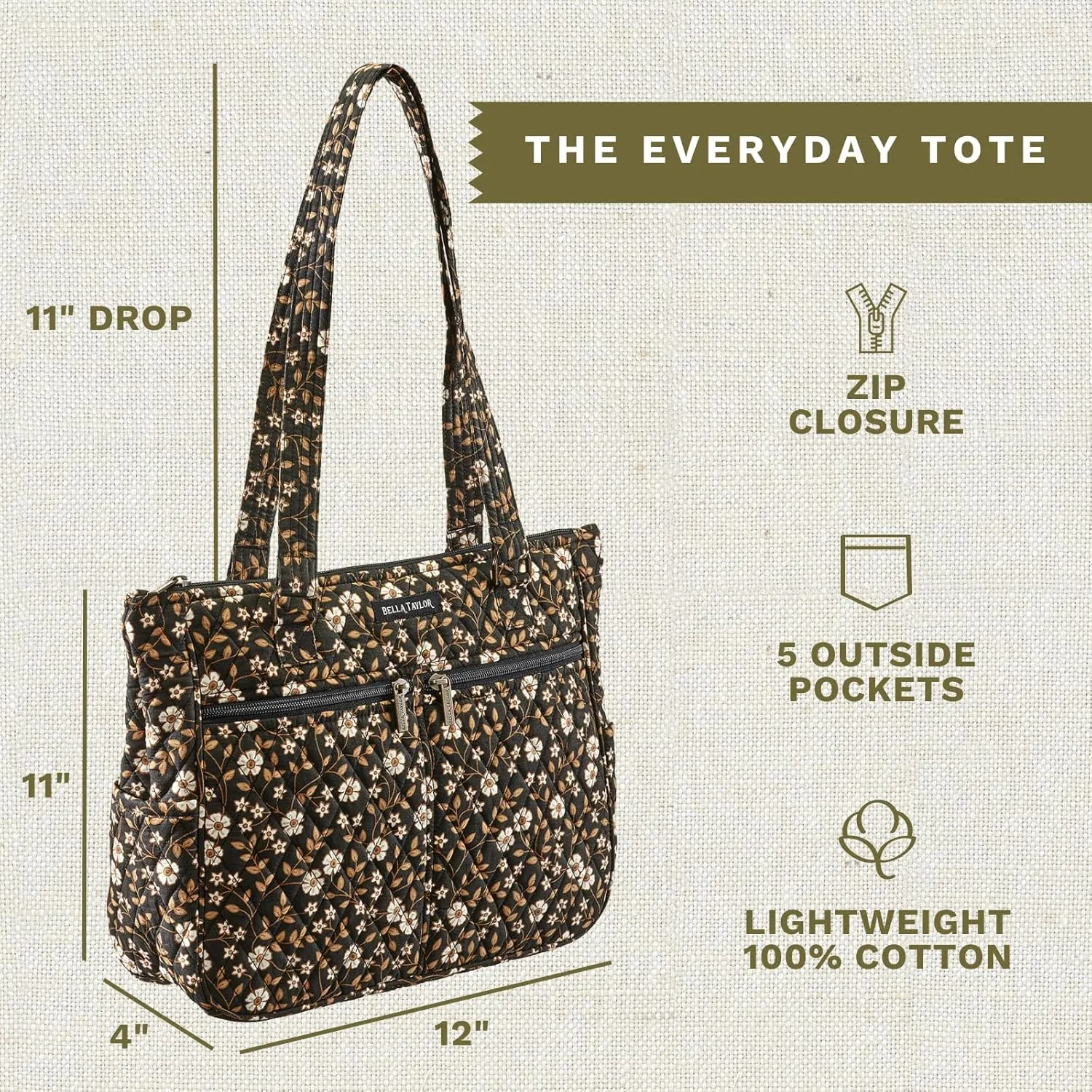 Bella Taylor Everyday Tote | Lightweight Quilted Fabric Handbags for Women