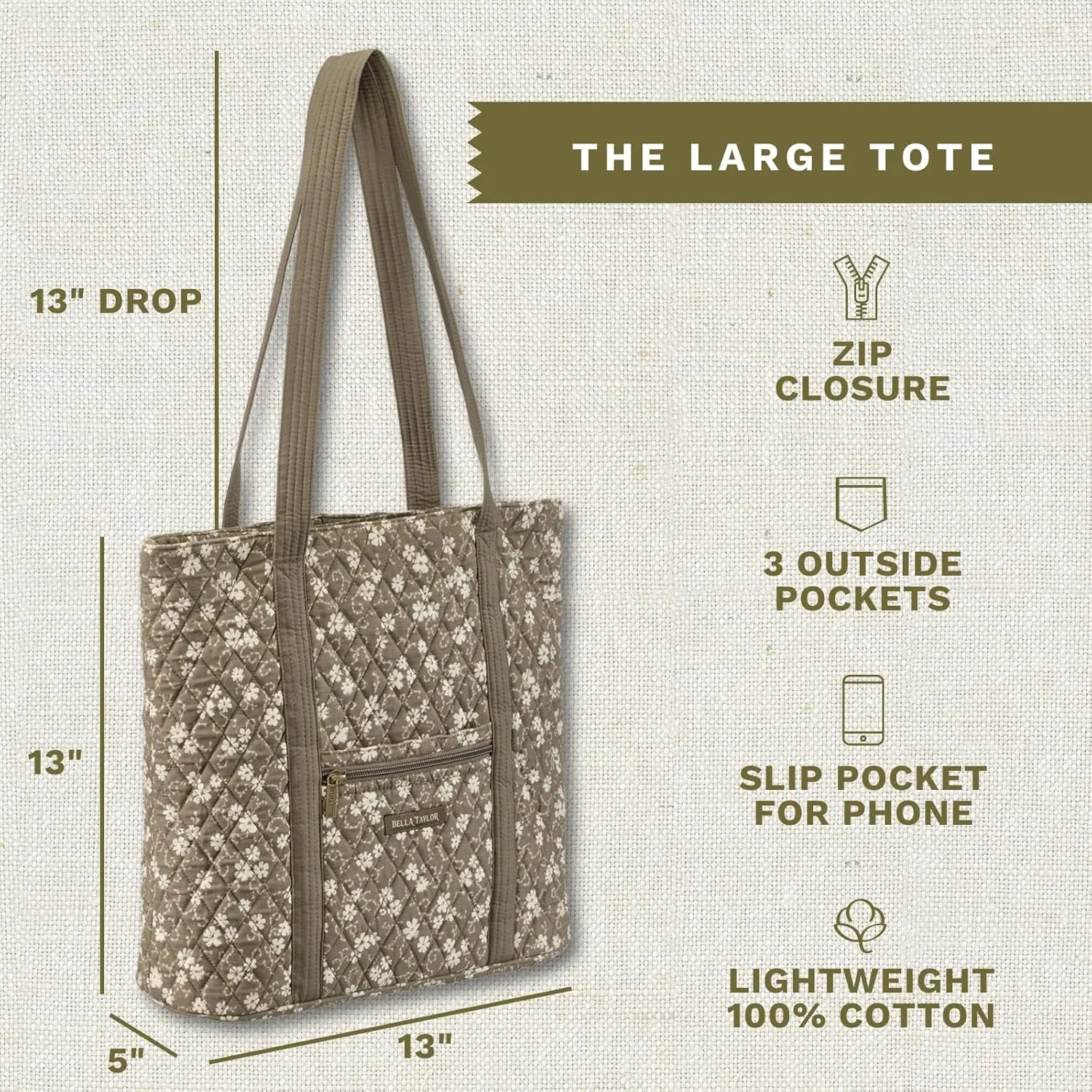 Bella Taylor Large Tote | Lightweight Quilted Fabric Tote Bags for Women