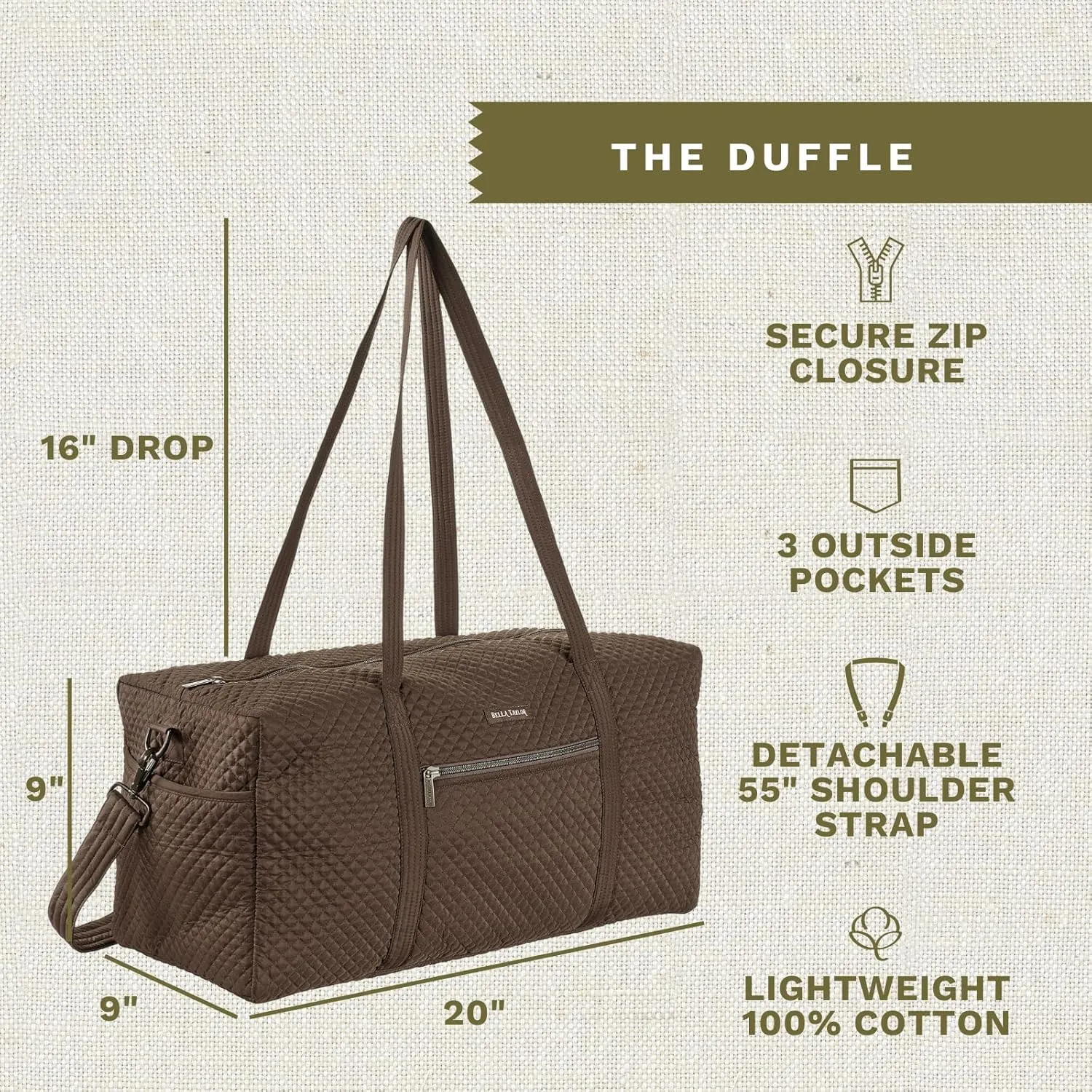 Bella Taylor Quilted Duffle Bag for Women, Large Carry On Travel Weekend Bag, Quilted Chocolate Brown Microfiber