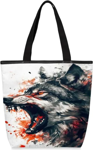 Bellowing Fiercely Wolf Canvas Tote Bag with Zipper Inside Pocket Foldaway Women's Shoulder Bag Reusable Grocery Shopping Gift Bags 11 * 4 * 13.6 inches for Daily Work Outdoor Travel Beach Gym