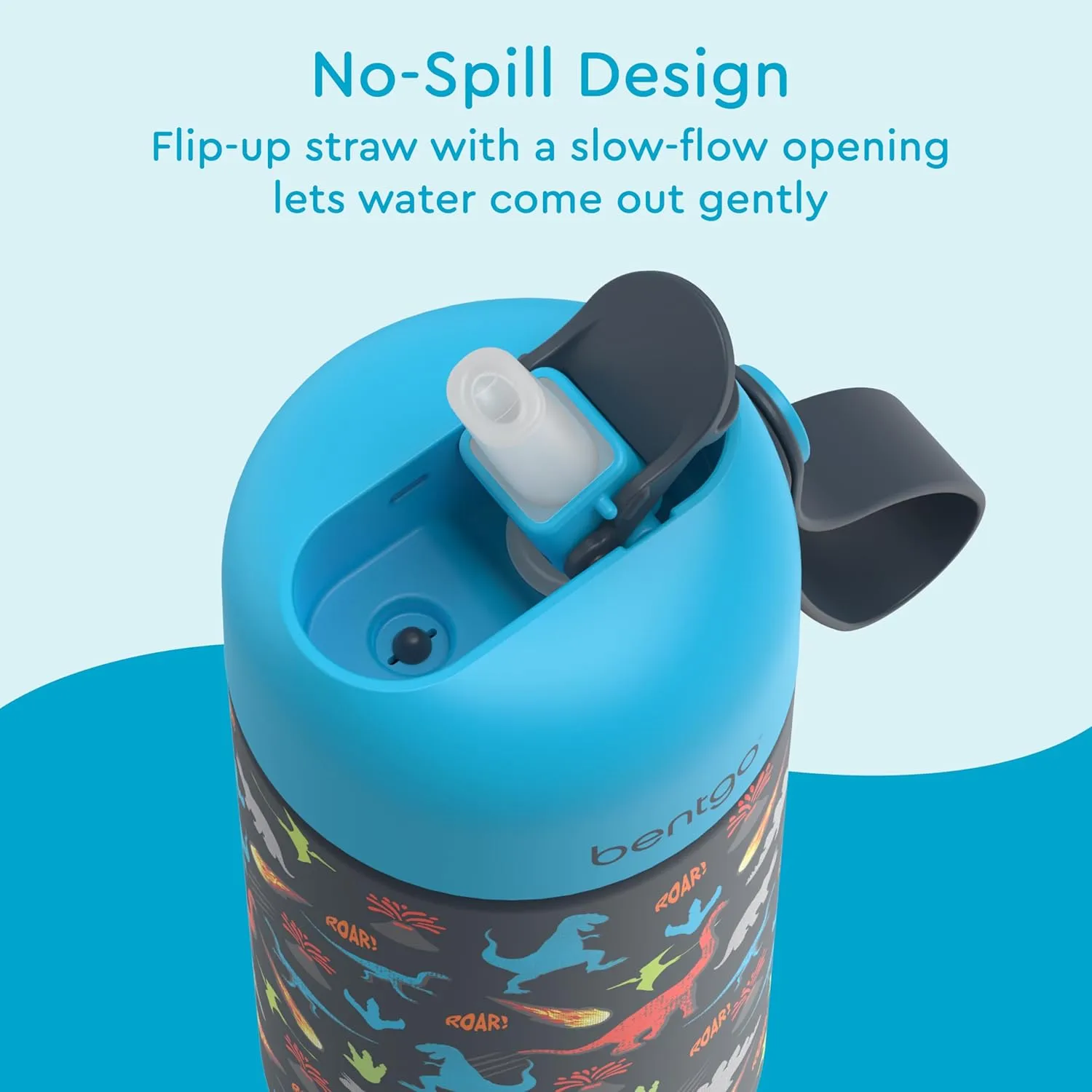 Bentgo® Kids Stainless Steel Insulated Water Bottle - Leak-Proof; Keeps Cool for 12 Hours; Durable, BPA-Free, Dishwasher Safe 14 oz. Cup for Ages 3  for School/Sports/Daycare (Dinosaur)