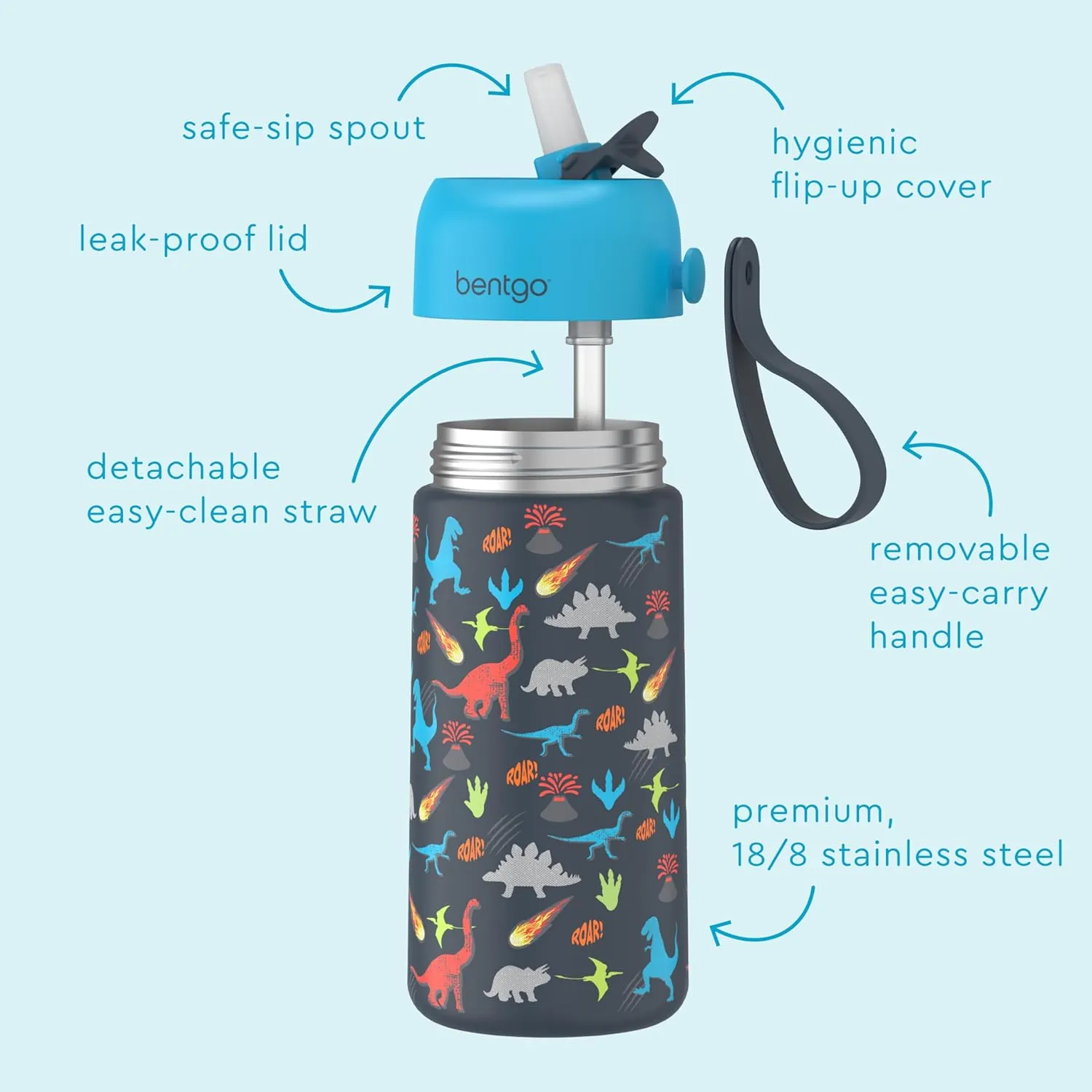 Bentgo® Kids Stainless Steel Insulated Water Bottle - Leak-Proof; Keeps Cool for 12 Hours; Durable, BPA-Free, Dishwasher Safe 14 oz. Cup for Ages 3  for School/Sports/Daycare (Dinosaur)
