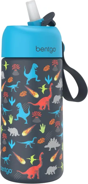 Bentgo® Kids Stainless Steel Insulated Water Bottle - Leak-Proof; Keeps Cool for 12 Hours; Durable, BPA-Free, Dishwasher Safe 14 oz. Cup for Ages 3  for School/Sports/Daycare (Dinosaur)