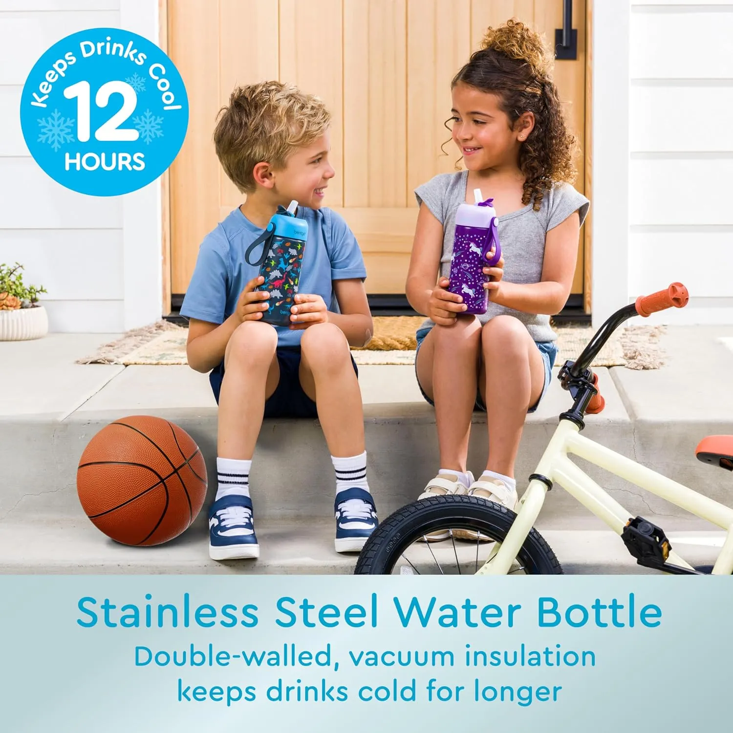Bentgo® Kids Stainless Steel Insulated Water Bottle - Leak-Proof; Keeps Cool for 12 Hours; Durable, BPA-Free, Dishwasher Safe 14 oz. Cup for Ages 3  for School/Sports/Daycare (Dinosaur)