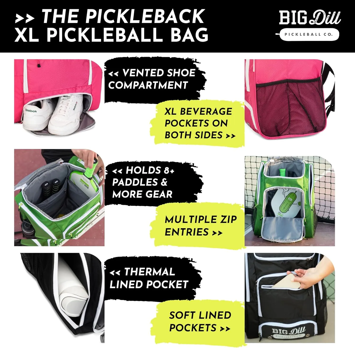 Big Dill Pickleball Backpack | Large Pickleball Bag with Shoe Compartment for 8  Paddles & Accessories, Insulated Pocket