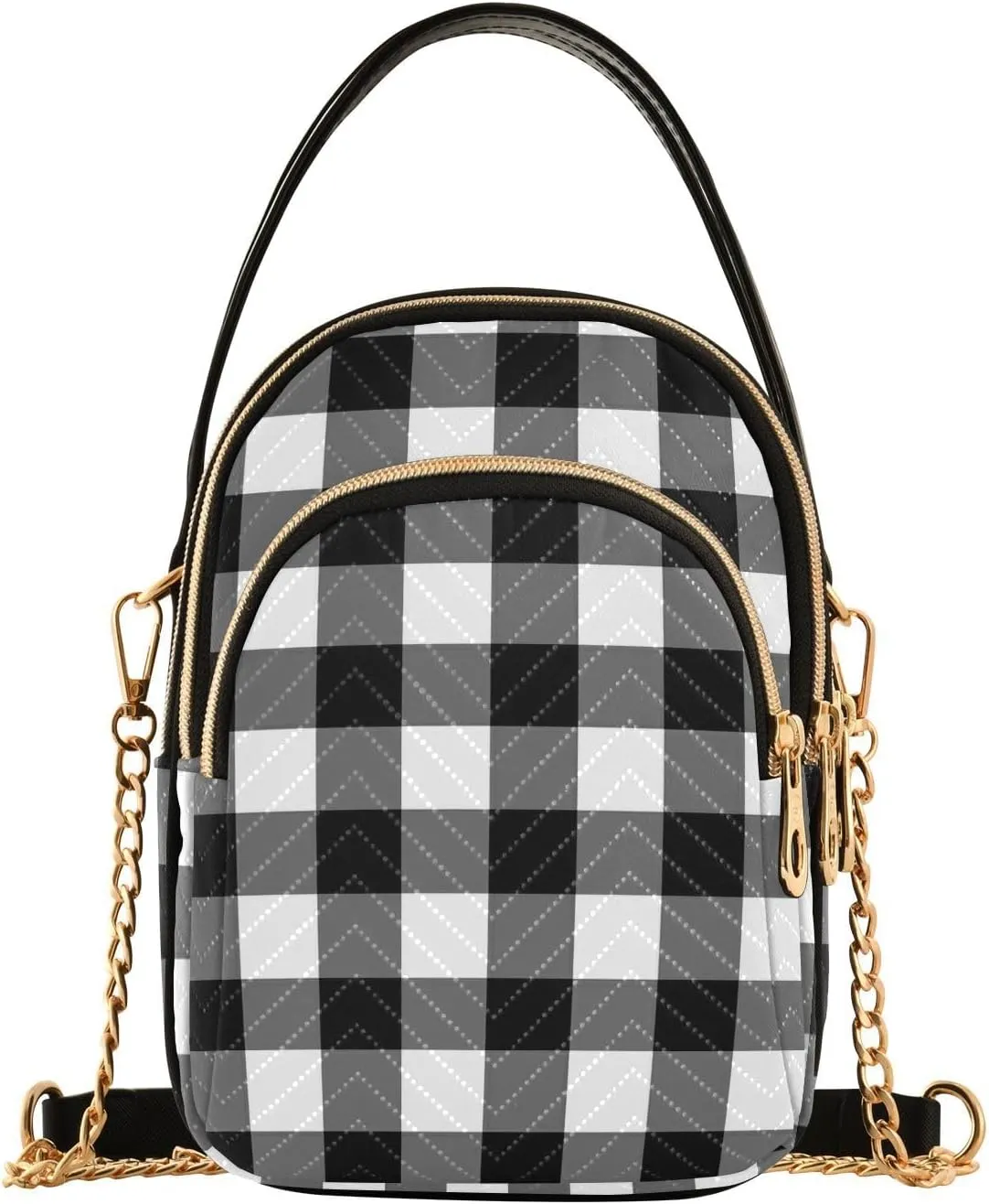 Black White Buffalo Plaid Small Crossbody Handbag for Women Mini Over Shoulder Purse with Three Zippered Pockets Durable Cell Phone Purse for Shopping Camping