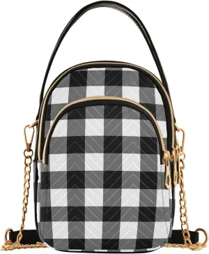 Black White Buffalo Plaid Small Crossbody Handbag for Women Mini Over Shoulder Purse with Three Zippered Pockets Durable Cell Phone Purse for Shopping Camping
