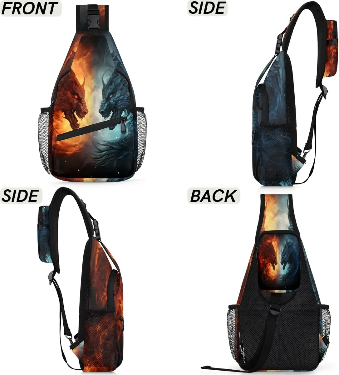 Blue And Red Fiery Dragons Sling Bag for Women Men, Waterproof Crossbody Sling Backpack Travel Outdoor Sports Chest Bag