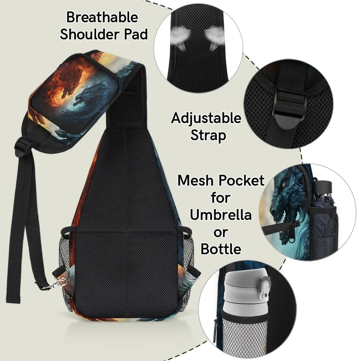 Blue And Red Fiery Dragons Sling Bag for Women Men, Waterproof Crossbody Sling Backpack Travel Outdoor Sports Chest Bag