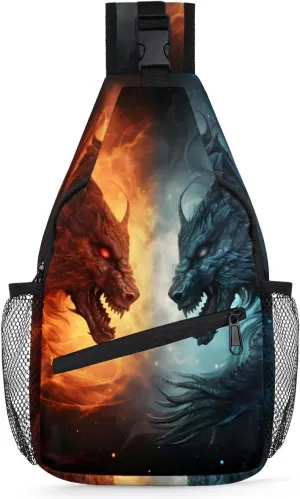 Blue And Red Fiery Dragons Sling Bag for Women Men, Waterproof Crossbody Sling Backpack Travel Outdoor Sports Chest Bag