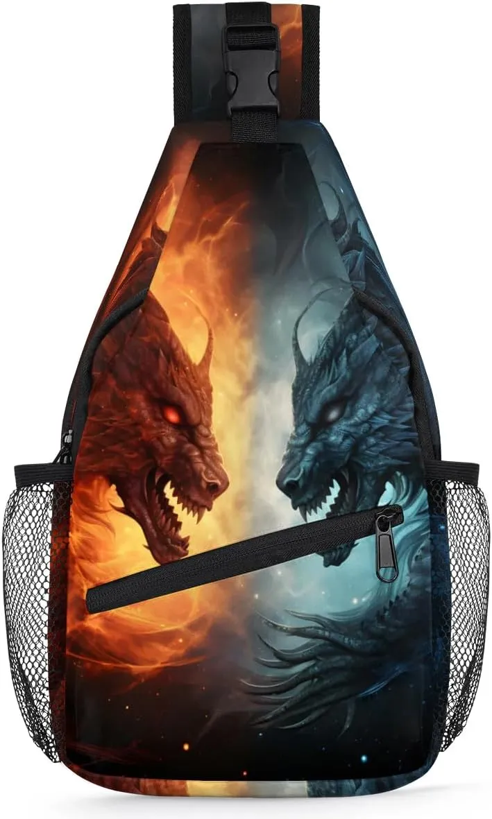 Blue And Red Fiery Dragons Sling Bag for Women Men, Waterproof Crossbody Sling Backpack Travel Outdoor Sports Chest Bag