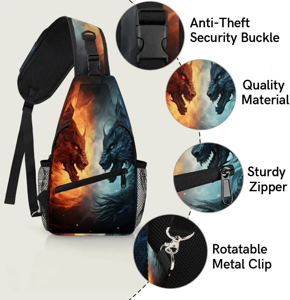 Blue And Red Fiery Dragons Sling Bag for Women Men, Waterproof Crossbody Sling Backpack Travel Outdoor Sports Chest Bag