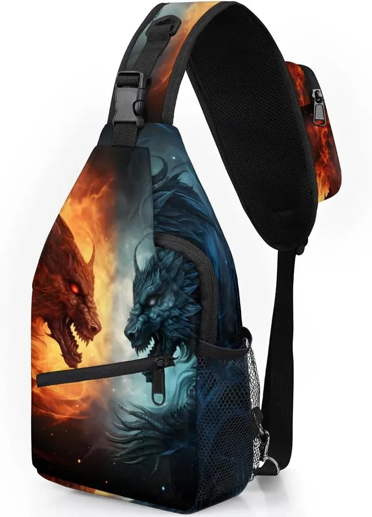 Blue And Red Fiery Dragons Sling Bag for Women Men, Waterproof Crossbody Sling Backpack Travel Outdoor Sports Chest Bag