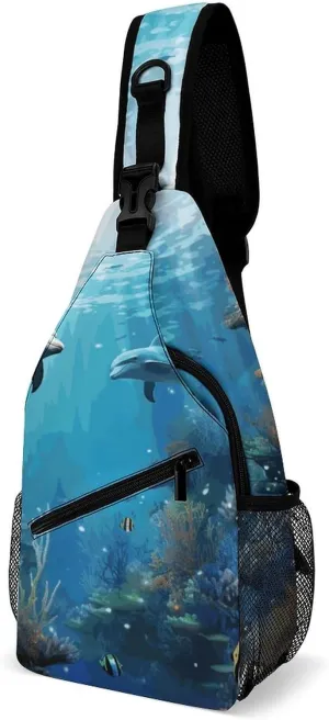 Blue Ocean Underwater Fish Crossbody Sling Bag for Women Men Sling Backpack Travel Chest Bag Pack Man Purse Shoulder Bags Daypack for Travel Hiking Cycling