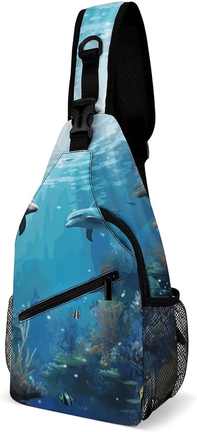 Blue Ocean Underwater Fish Crossbody Sling Bag for Women Men Sling Backpack Travel Chest Bag Pack Man Purse Shoulder Bags Daypack for Travel Hiking Cycling