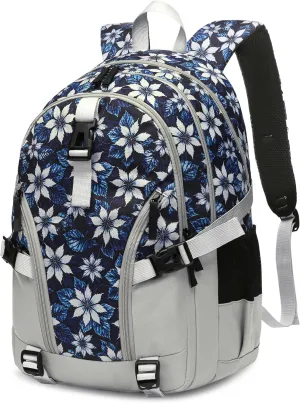 BLUEFAIRY Floral Backpack for Women Girls Bookbag for College School Bag for Teens Fits 15.6 inch Laptop 18" Back Pack with Large Compartment Lots of Pockets for Work Travel Tie-Dye Leaf Grey/Blue