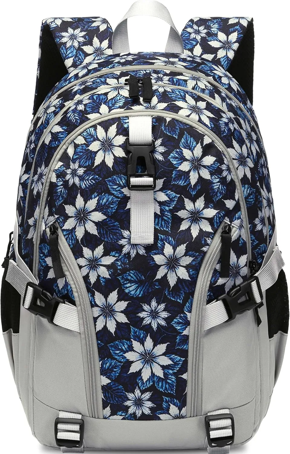 BLUEFAIRY Floral Backpack for Women Girls Bookbag for College School Bag for Teens Fits 15.6 inch Laptop 18" Back Pack with Large Compartment Lots of Pockets for Work Travel Tie-Dye Leaf Grey/Blue