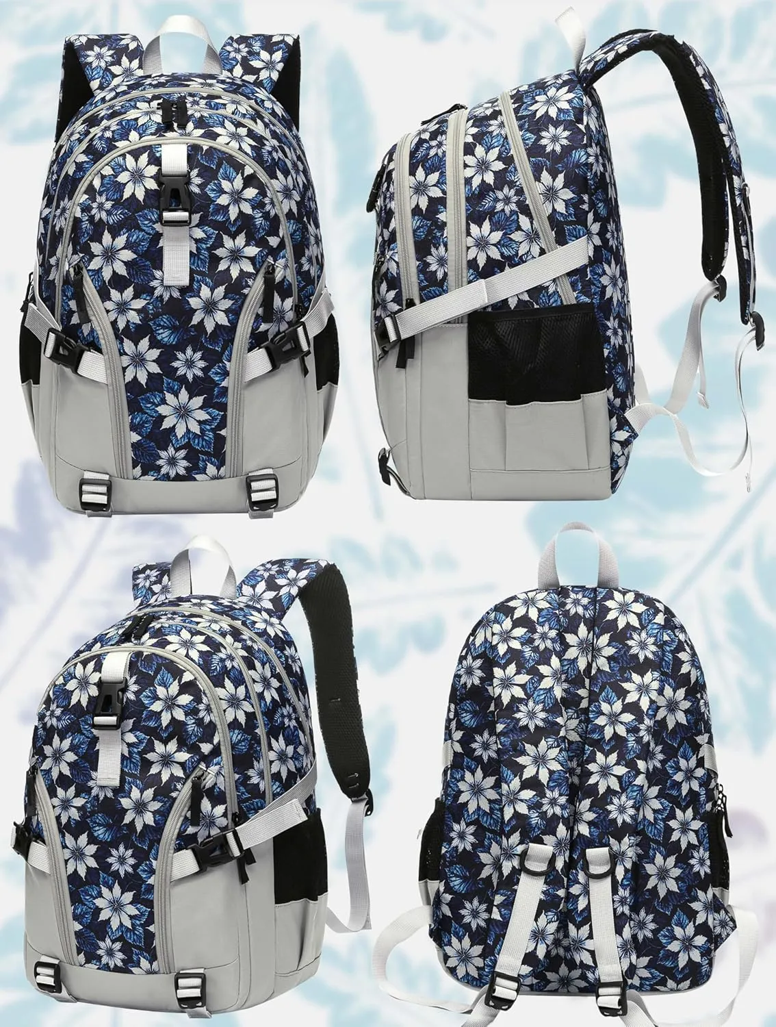 BLUEFAIRY Floral Backpack for Women Girls Bookbag for College School Bag for Teens Fits 15.6 inch Laptop 18" Back Pack with Large Compartment Lots of Pockets for Work Travel Tie-Dye Leaf Grey/Blue