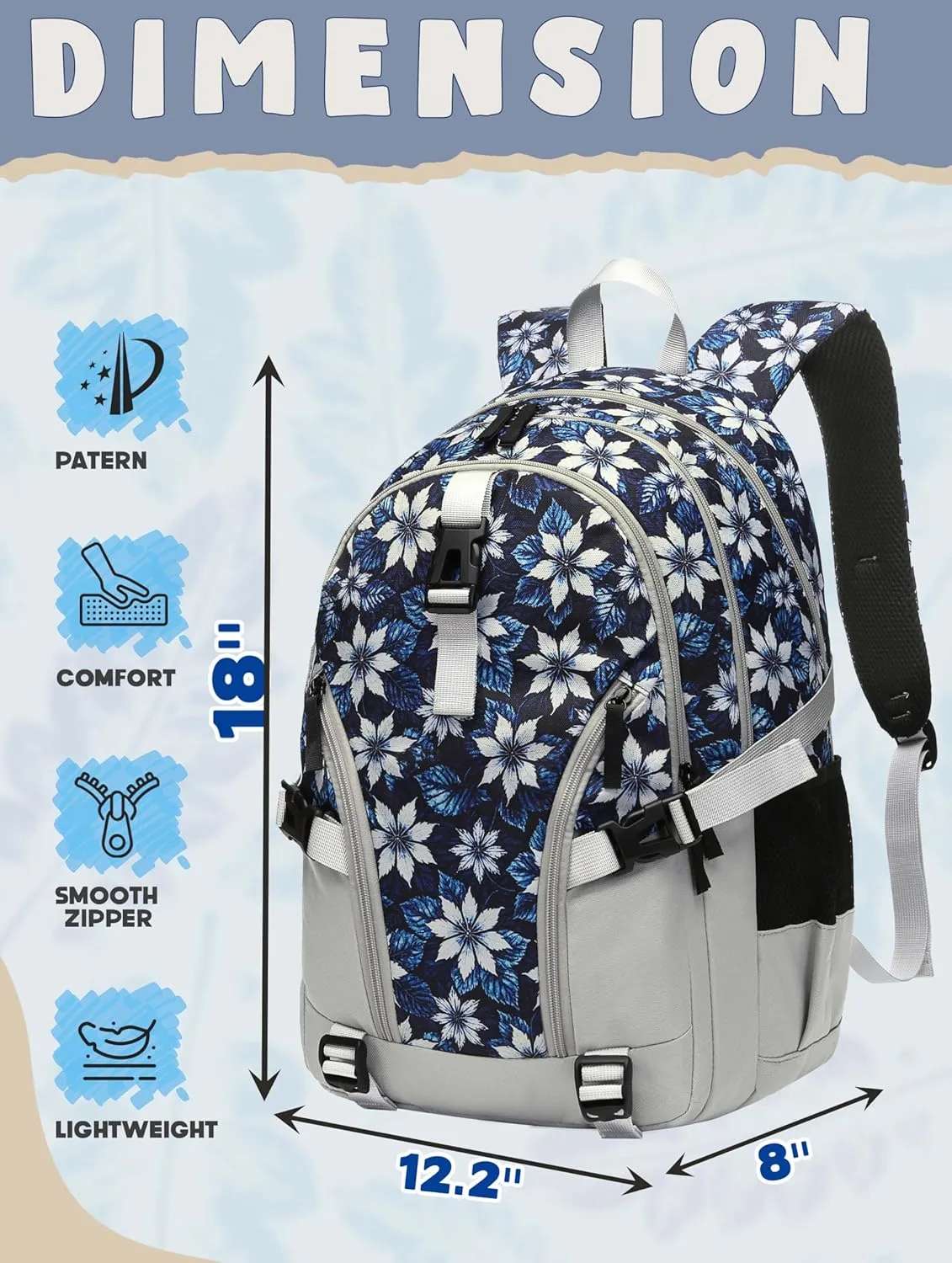 BLUEFAIRY Floral Backpack for Women Girls Bookbag for College School Bag for Teens Fits 15.6 inch Laptop 18" Back Pack with Large Compartment Lots of Pockets for Work Travel Tie-Dye Leaf Grey/Blue