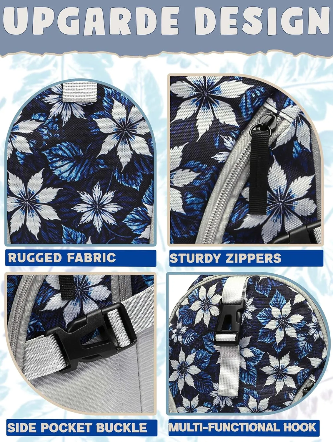 BLUEFAIRY Floral Backpack for Women Girls Bookbag for College School Bag for Teens Fits 15.6 inch Laptop 18" Back Pack with Large Compartment Lots of Pockets for Work Travel Tie-Dye Leaf Grey/Blue