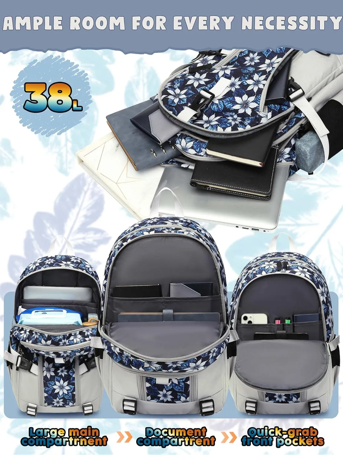 BLUEFAIRY Floral Backpack for Women Girls Bookbag for College School Bag for Teens Fits 15.6 inch Laptop 18" Back Pack with Large Compartment Lots of Pockets for Work Travel Tie-Dye Leaf Grey/Blue