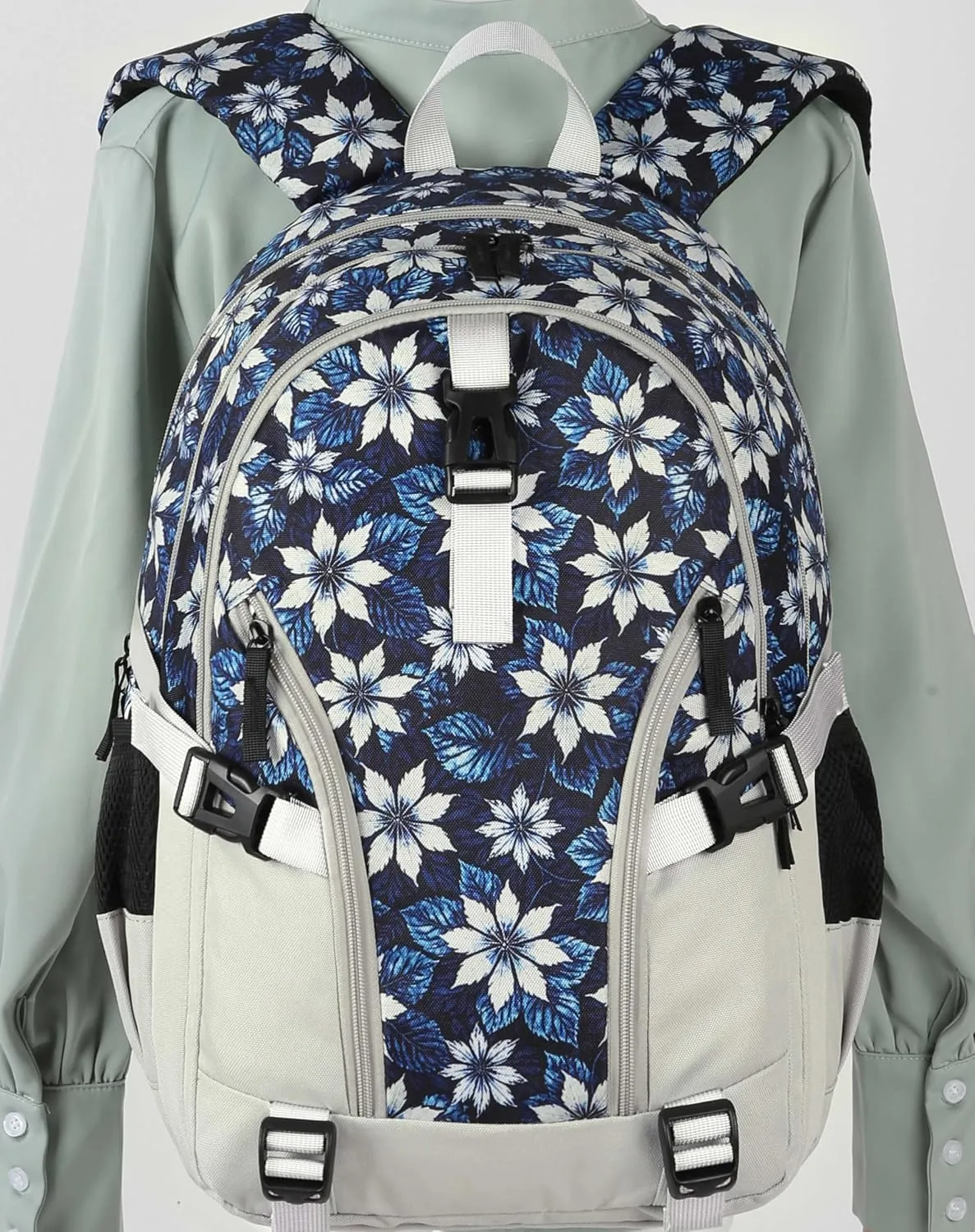 BLUEFAIRY Floral Backpack for Women Girls Bookbag for College School Bag for Teens Fits 15.6 inch Laptop 18" Back Pack with Large Compartment Lots of Pockets for Work Travel Tie-Dye Leaf Grey/Blue