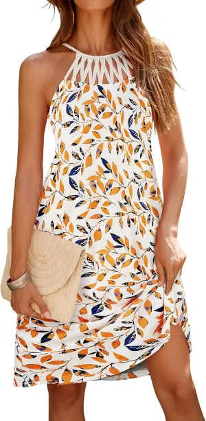 Bluetime Womens Summer Casual Halter Dress Crochet Hollow Out A-line Floral Boho Beach Sundresses with Pockets